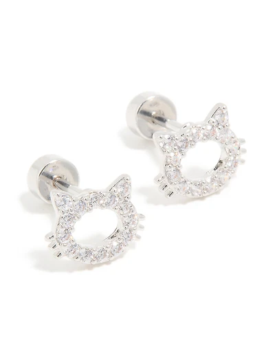 Kids Surgical Steel Cubic Zirconia Cat Flat Back Studs