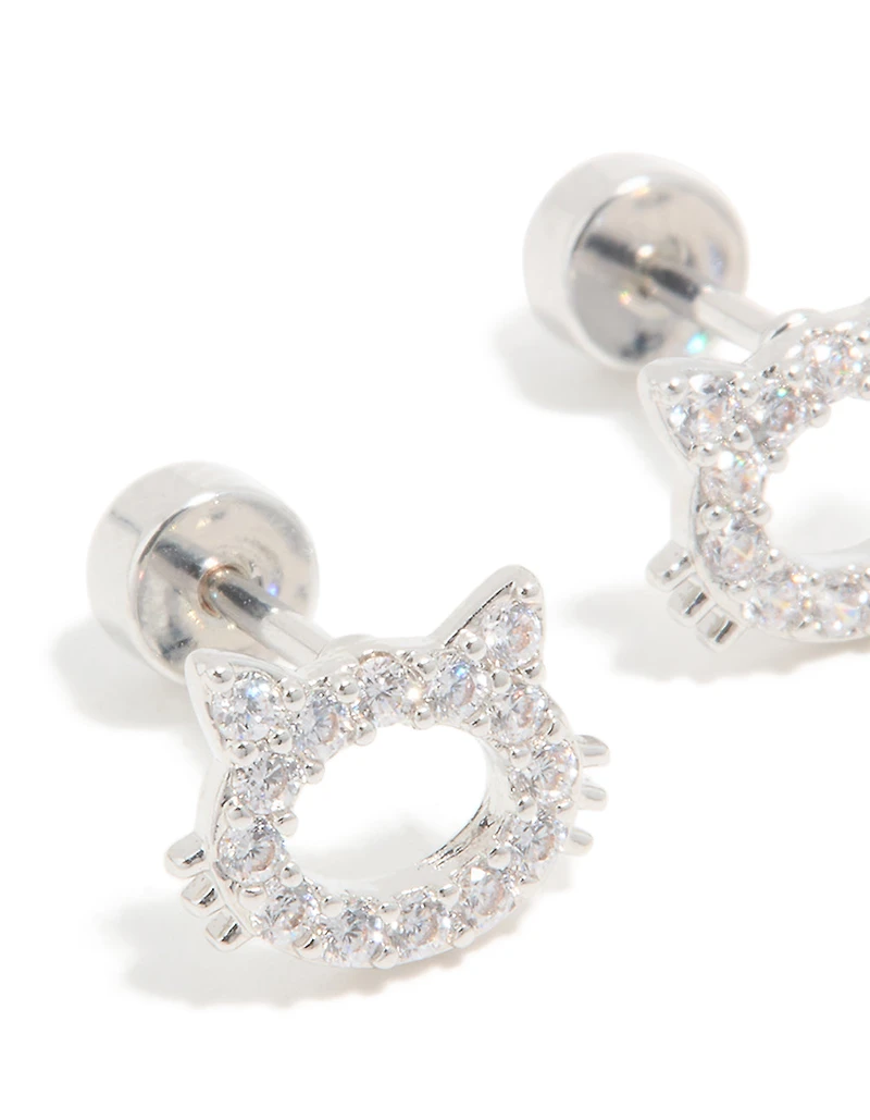 Kids Surgical Steel Cubic Zirconia Cat Flat Back Studs