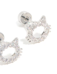 Kids Surgical Steel Cubic Zirconia Cat Flat Back Studs