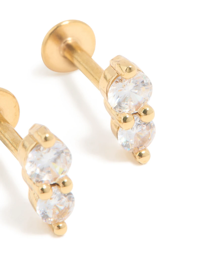 Gold Plated Surgical Steel Cubic Zirconia Double Round Flat Back Studs