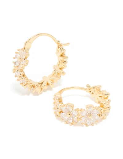 Gold Plated Cubic Zirconia Flower Hoop Earrings