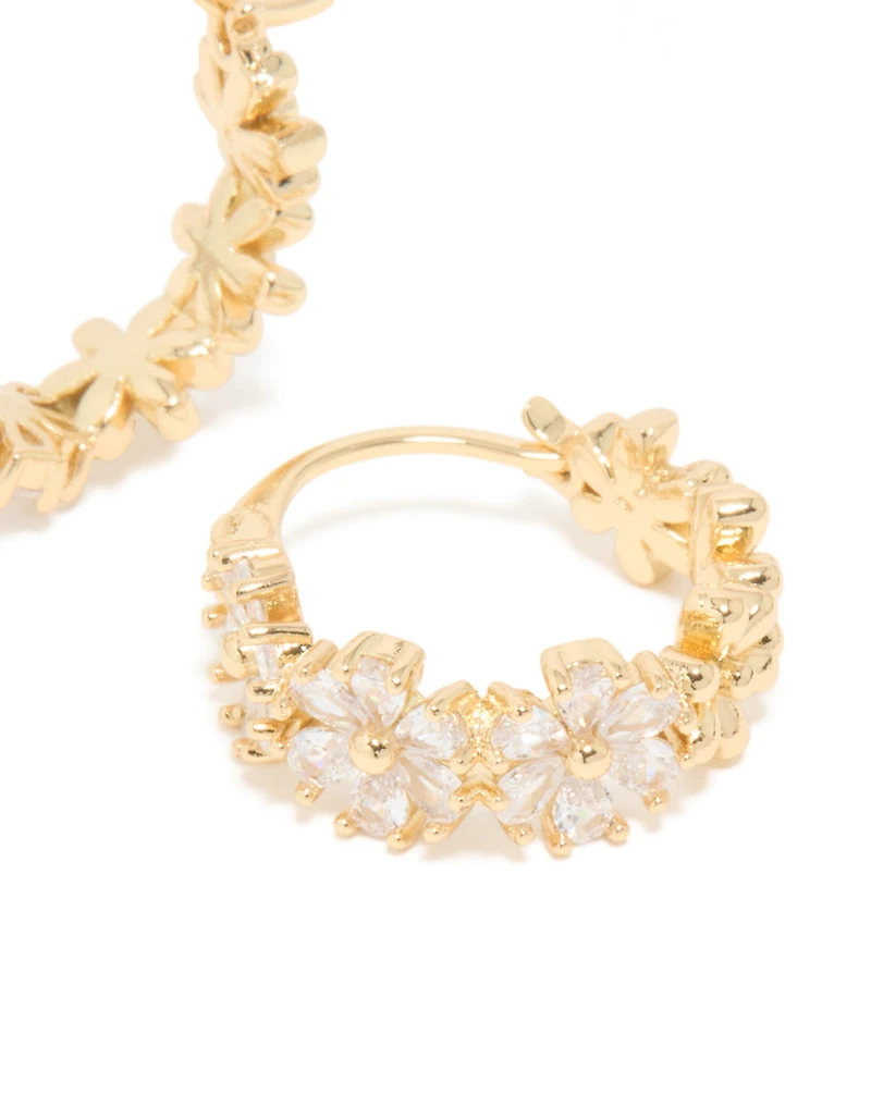 Gold Plated Cubic Zirconia Flower Hoop Earrings