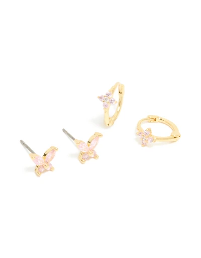 Paquet de 2 boucles d’oreilles cubiques en zirconia rose plaquées or Butterfly Huggie & Stud