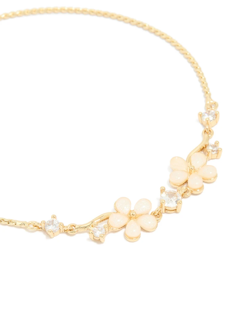 Gold Plated Cubic Zirconia Flower Detail Toggle Bracelet