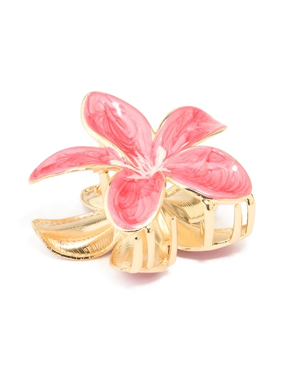 Pince à griffes de fleurs de frangipani en émail rose doré