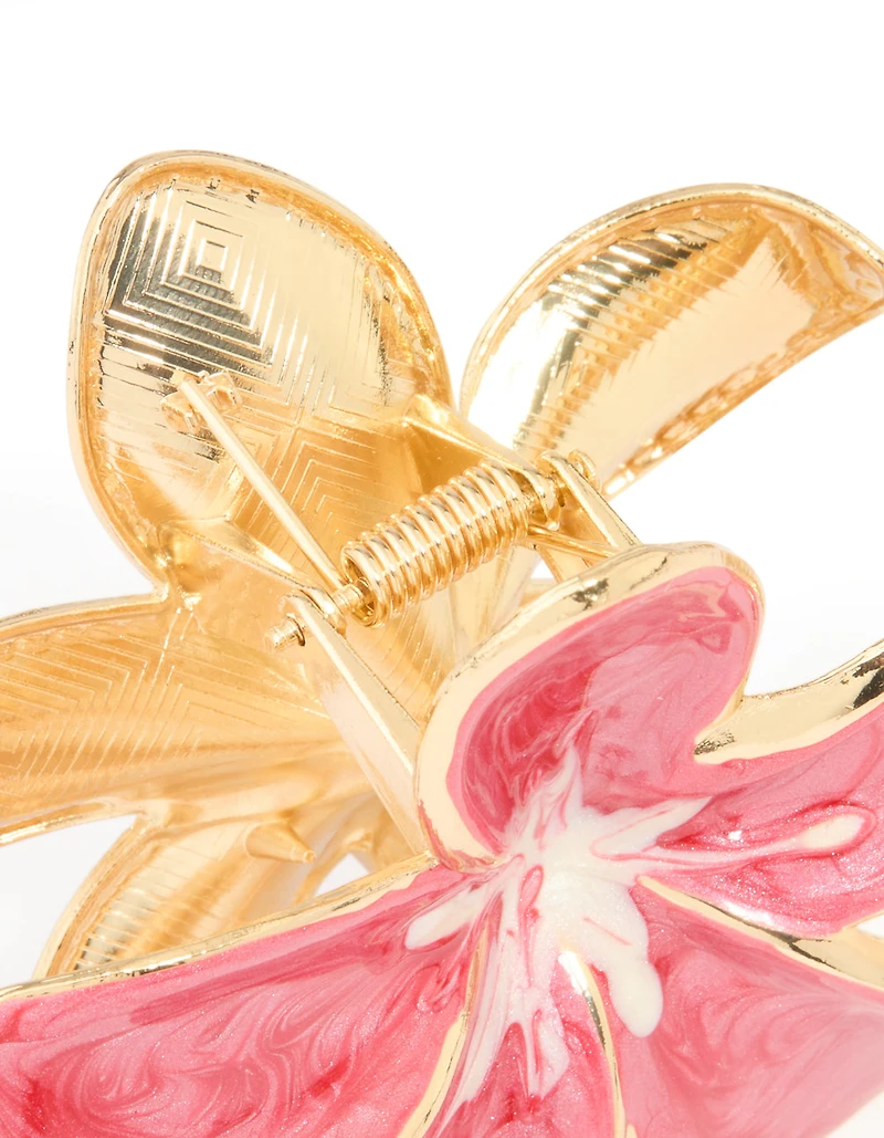 Pince à griffes de fleurs de frangipani en émail rose doré