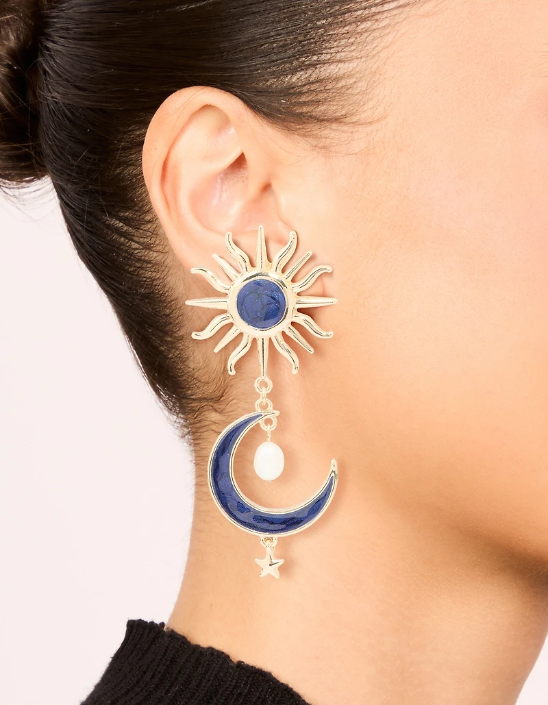 Gold Celestial Blue Marble Drop Earrings