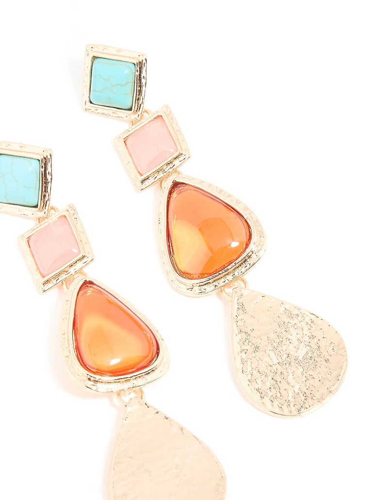 Gold Bright Stone Triangle Molten Drop Earrings