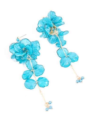 Grandes boucles d’oreilles tombantes en fleur acrylique bleue