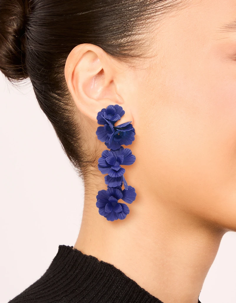 Blue Coated Metal Triple Floral Drop Earrings