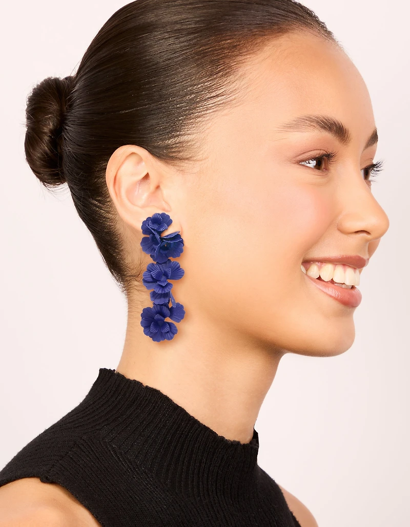 Blue Coated Metal Triple Floral Drop Earrings