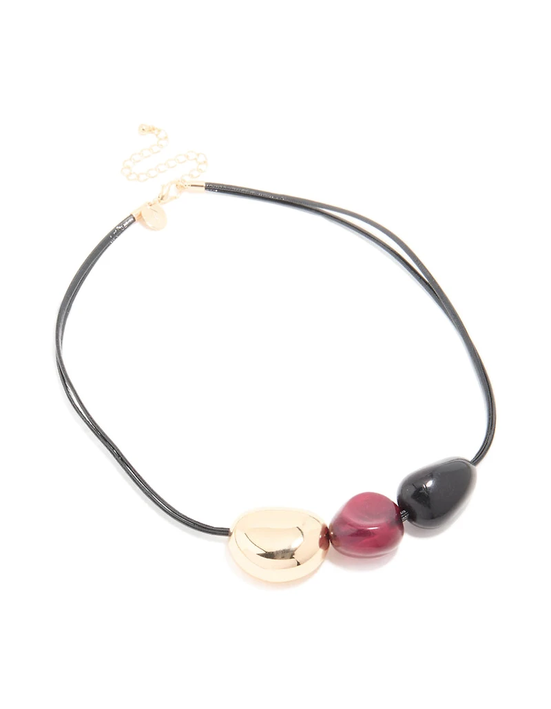 Gold Triple Bean Statement Cord Necklace