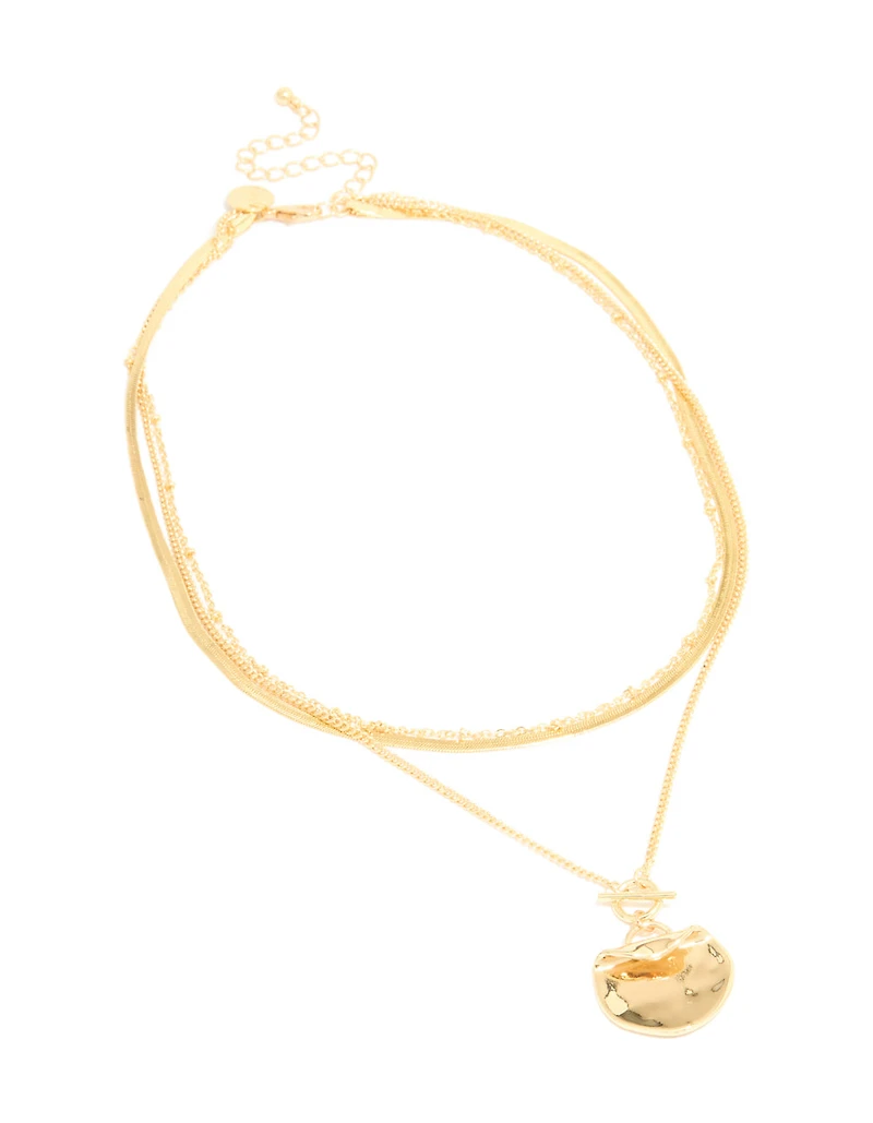 Gold Plated Chain & Hammered Circle Layered Necklace