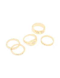 Gold Plated Star Stamped Signet & Textured Rings 5-Pack