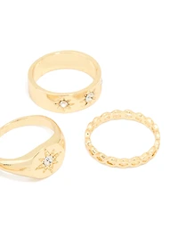 Gold Plated Star Stamped Signet & Textured Rings 5-Pack