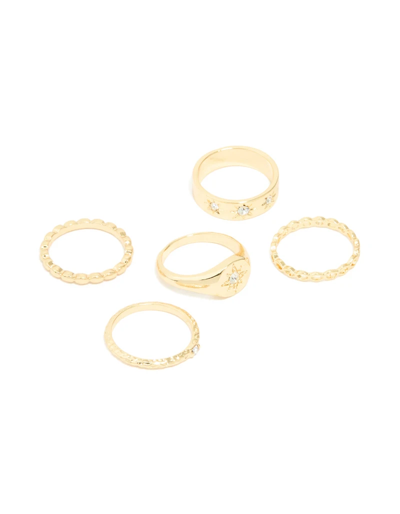 Gold Plated Star Stamped Signet & Textured Rings 5-Pack