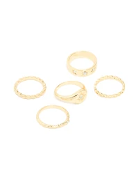 Gold Plated Star Stamped Signet & Textured Rings 5-Pack