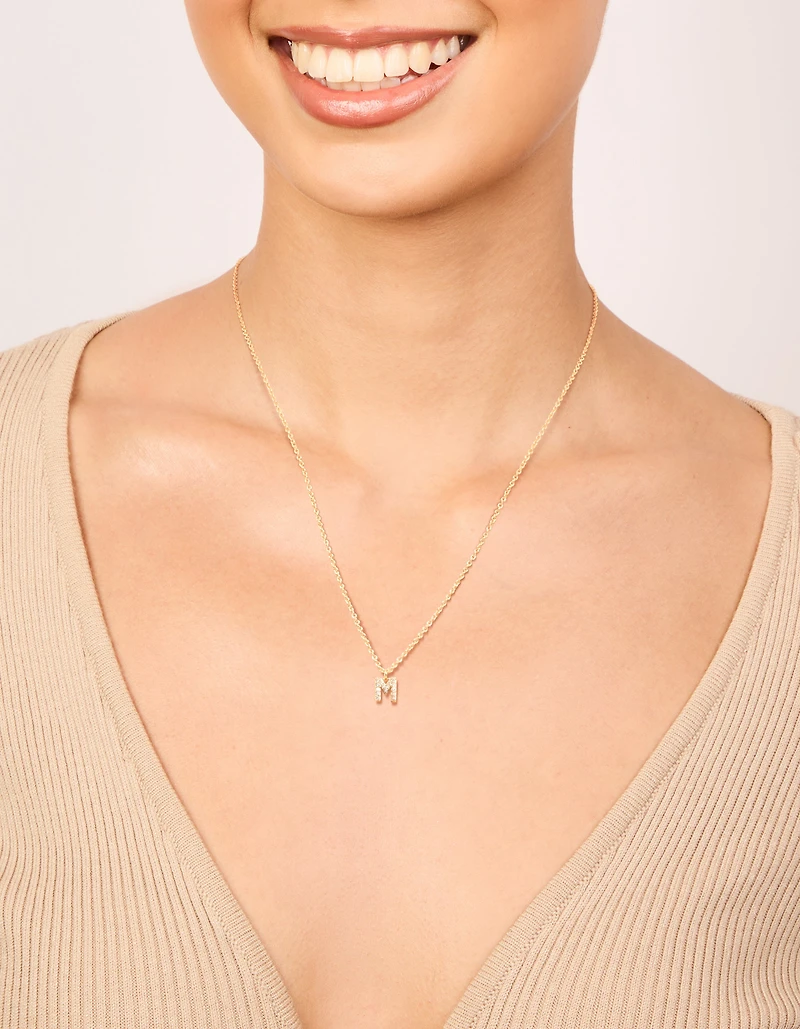 Gold Plated Brass Cubic Zirconia Letter M Necklace