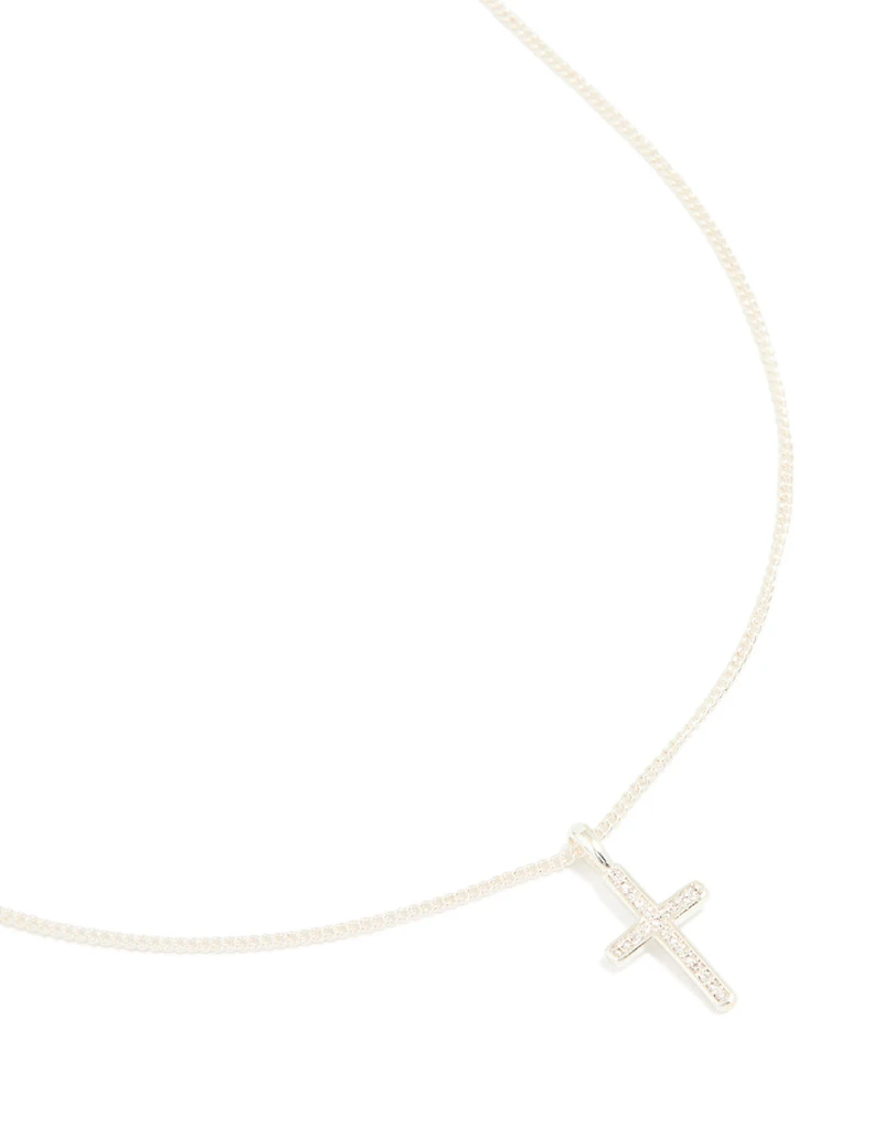 Silver Plated Cubic Zirconia Cross Pendant Necklace