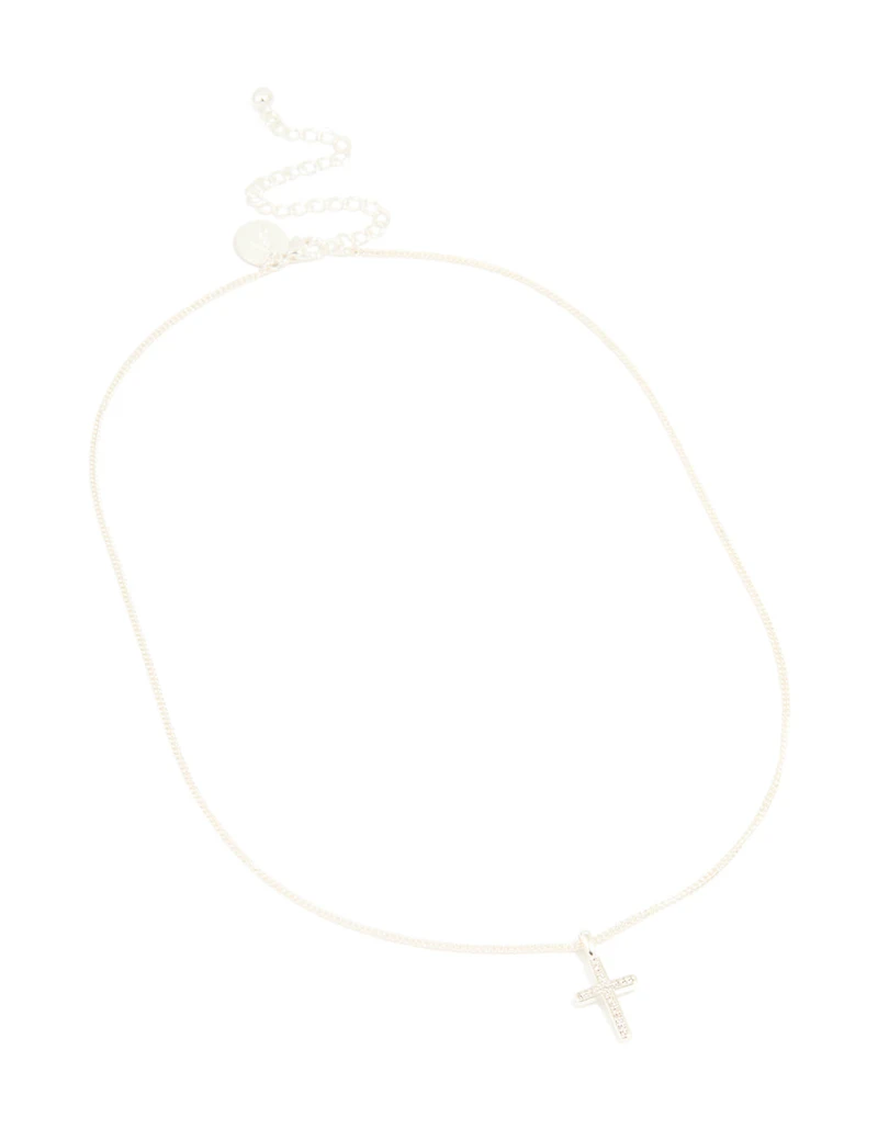 Silver Plated Cubic Zirconia Cross Pendant Necklace