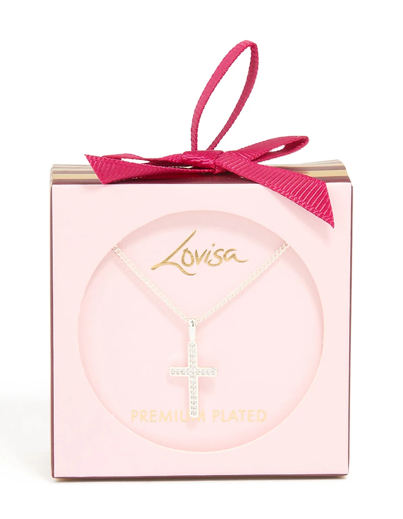 Silver Plated Cubic Zirconia Cross Pendant Necklace