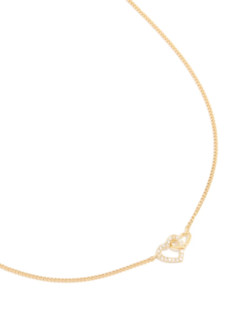 Gold Plated Cubic Zirconia Linked Hearts Pendant Necklace