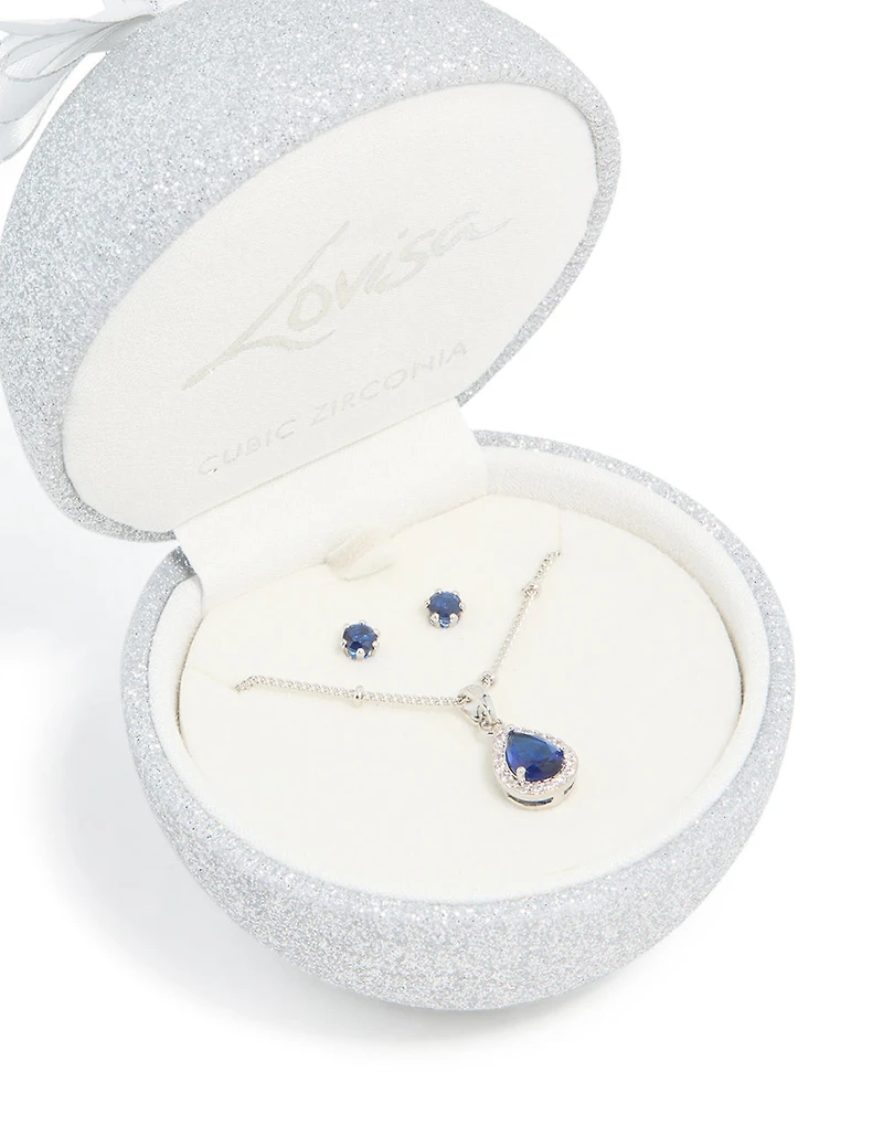 Silver Sapphire Cubic Zirconia Teardrop Pendant Necklace & Earrings Set