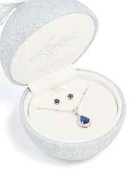 Silver Sapphire Cubic Zirconia Teardrop Pendant Necklace & Earrings Set