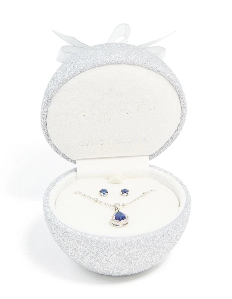 Silver Sapphire Cubic Zirconia Teardrop Pendant Necklace & Earrings Set