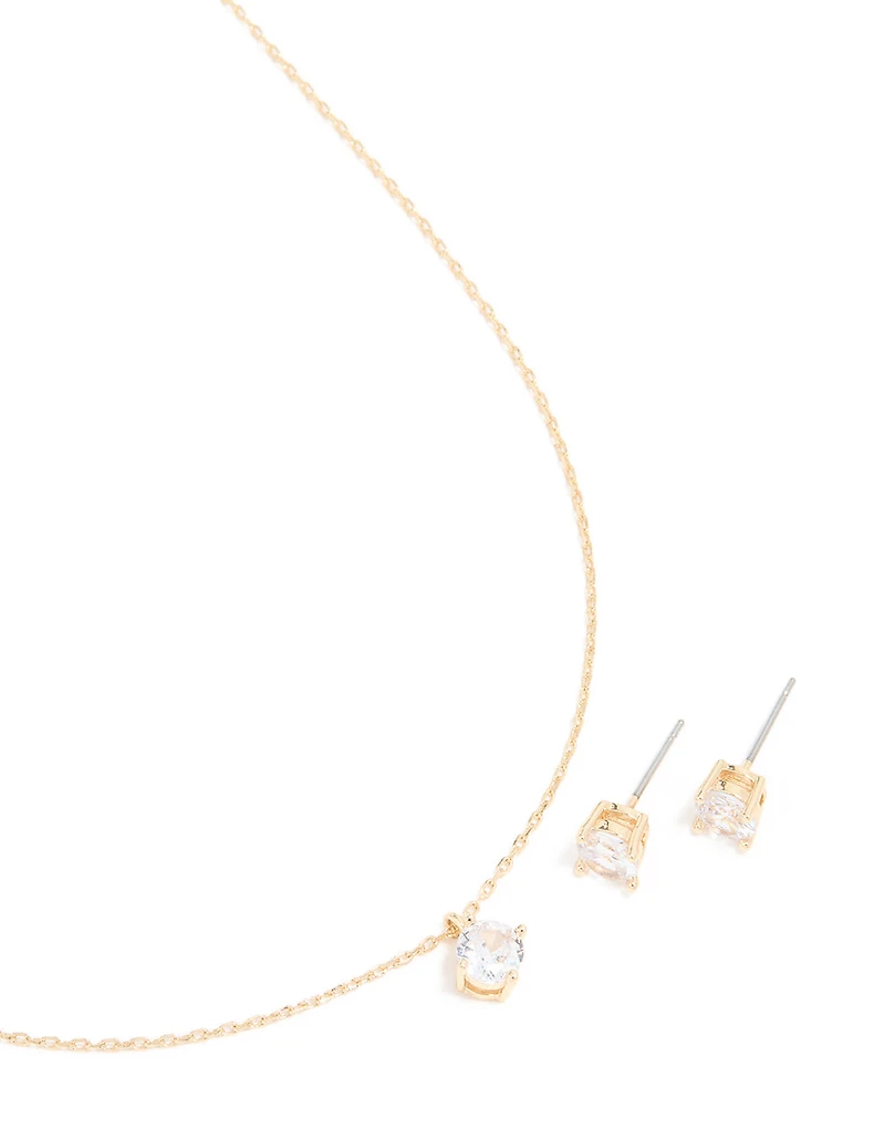 Gold Cubic Zirconia Round Pendant Necklace & Earrings Set