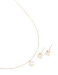 Gold Cubic Zirconia Round Pendant Necklace & Earrings Set
