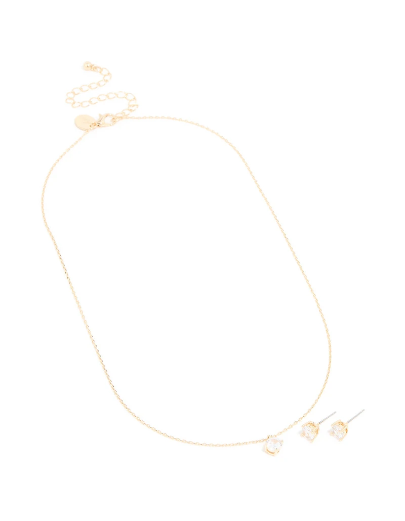 Gold Cubic Zirconia Round Pendant Necklace & Earrings Set