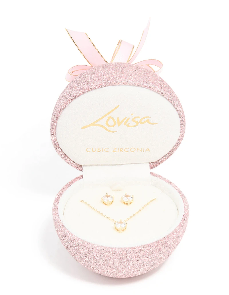 Gold Cubic Zirconia Round Pendant Necklace & Earrings Set