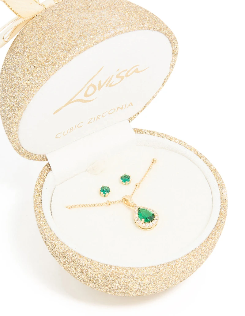 Gold Emerald Cubic Zirconia Necklace & Earrings Set