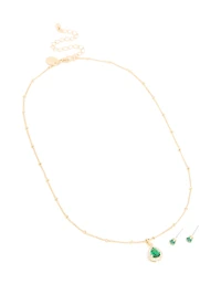 Gold Emerald Cubic Zirconia Necklace & Earrings Set