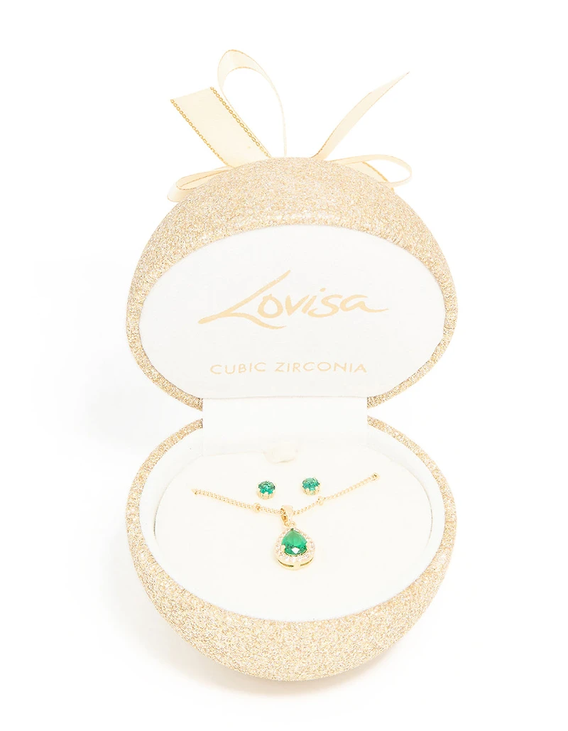 Gold Emerald Cubic Zirconia Necklace & Earrings Set