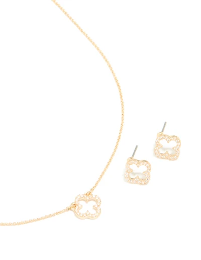 Gold Cubic Zirconia Outline Flower Earring & Necklace Set