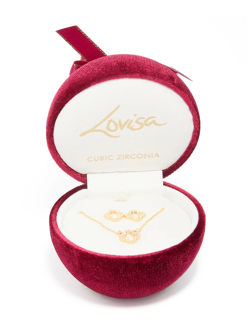 Gold Cubic Zirconia Outline Flower Earring & Necklace Set