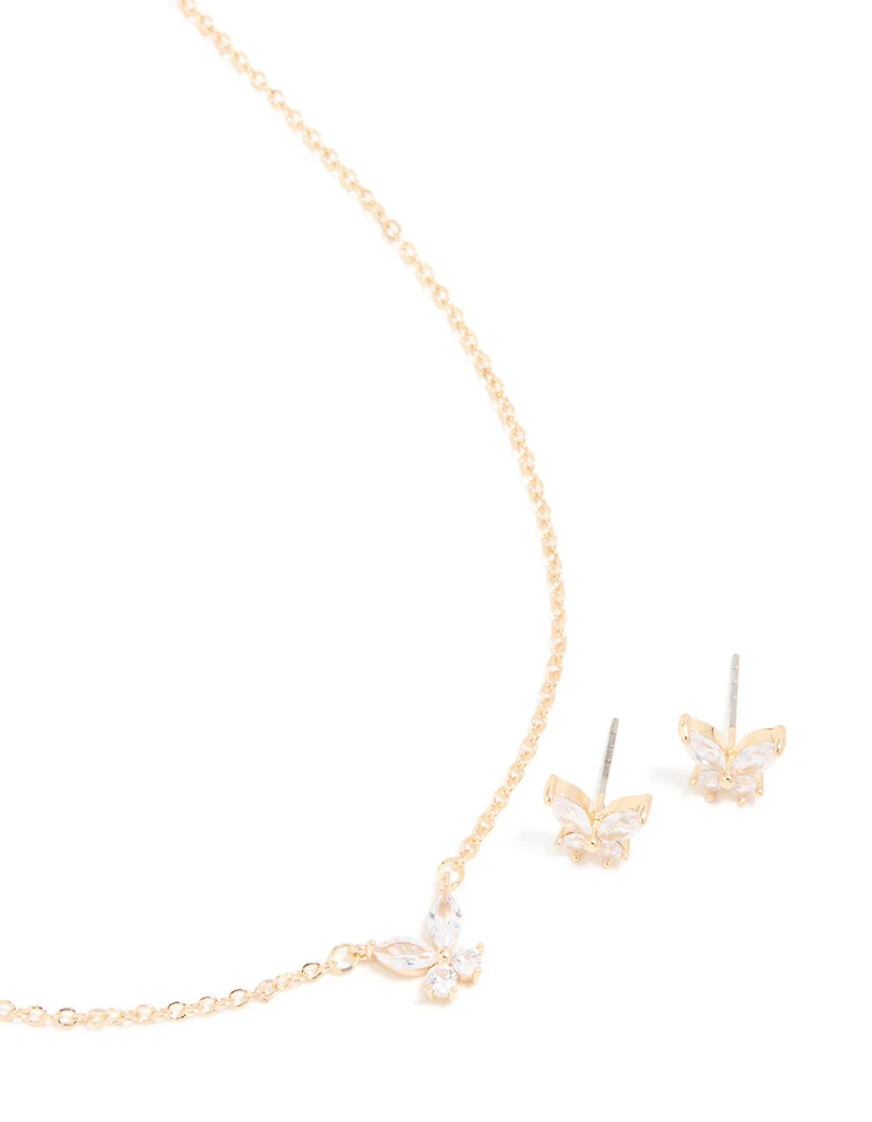 Gold Cubic Zirconia Butterfly Necklace & Earrings Set