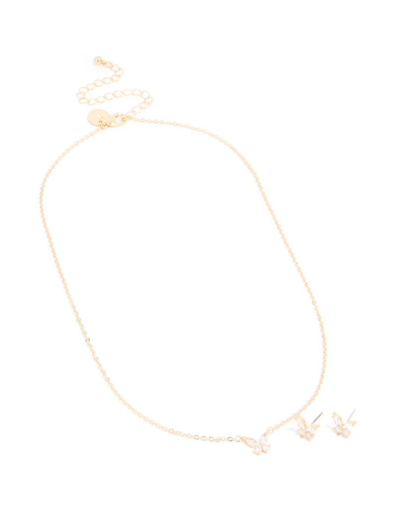 Gold Cubic Zirconia Butterfly Necklace & Earrings Set