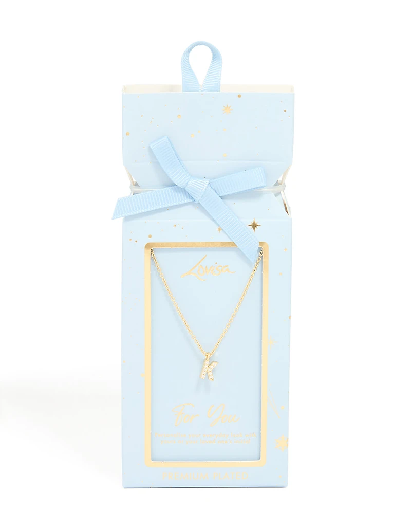 Gold Plated Brass Cubic Zirconia Letter K Necklace