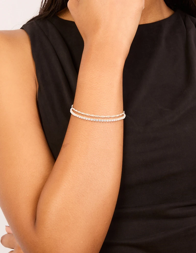 Tennis cubique en zircone plaqué argent et bracelet à chaîne unie superposée