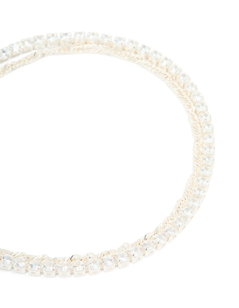 Silver Plated Cubic Zirconia Tennis & Plain Chain Layered Bracelet