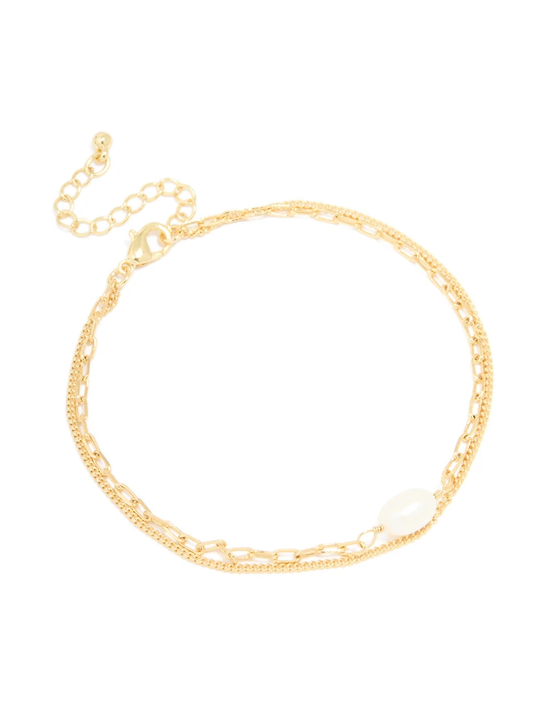 Gold Plated Freshwater Pearl Chain Layered Bracelet