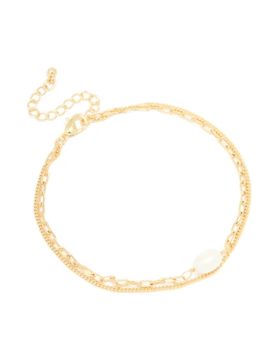 Gold Plated Freshwater Pearl Chain Layered Bracelet