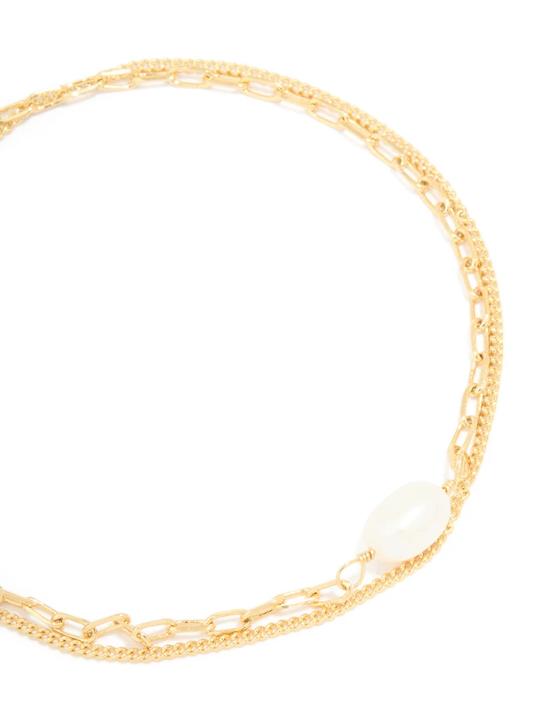 Gold Plated Freshwater Pearl Chain Layered Bracelet
