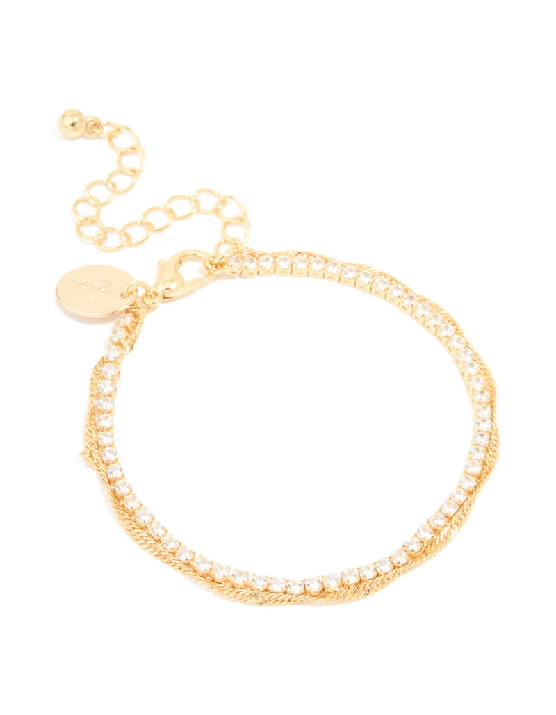 Gold Plated Cubic Zirconia Tennis & Plain Chain Layered Bracelet