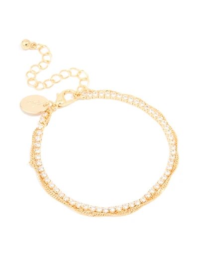 Gold Plated Cubic Zirconia Tennis & Plain Chain Layered Bracelet