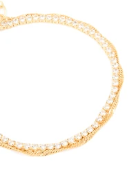 Gold Plated Cubic Zirconia Tennis & Plain Chain Layered Bracelet