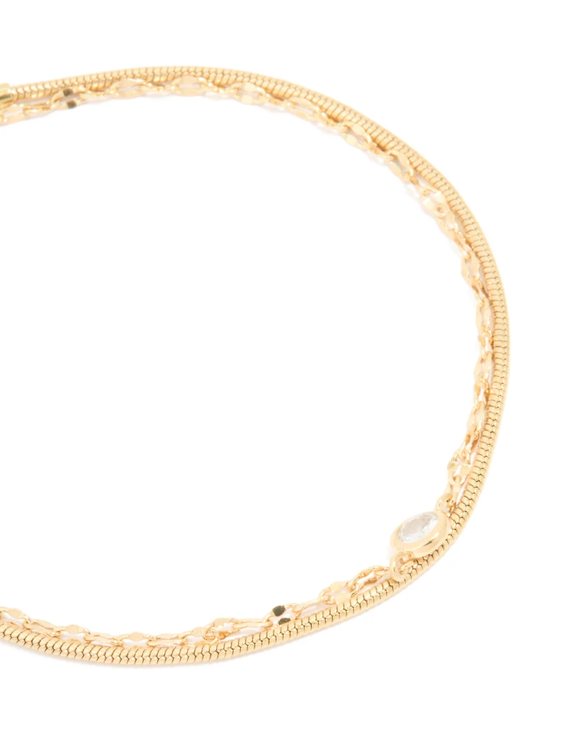 Gold Plated Cubic Zirconia & Chain Layered Bracelet
